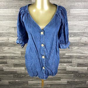 COPY - LAUREN CONDRAD Button Up V-Neck Blue Denim Blouse Top Women's Size Large